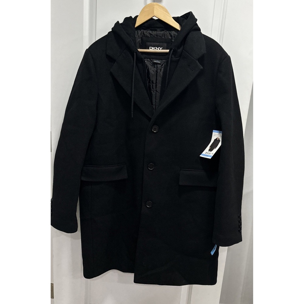 Men's DKNY Dress Coat With Removable Lining/hood Size Large Black MSRP $295